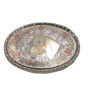 Vintage Western Style Belt Buckle Horse Themed Gold And Silver Tones 2" X 2 3/4"